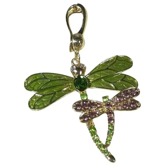 Dragonfly RMN Pendant Charm With Green & Pink Crystals Gold-Tone Finish - Picture 5 of 6